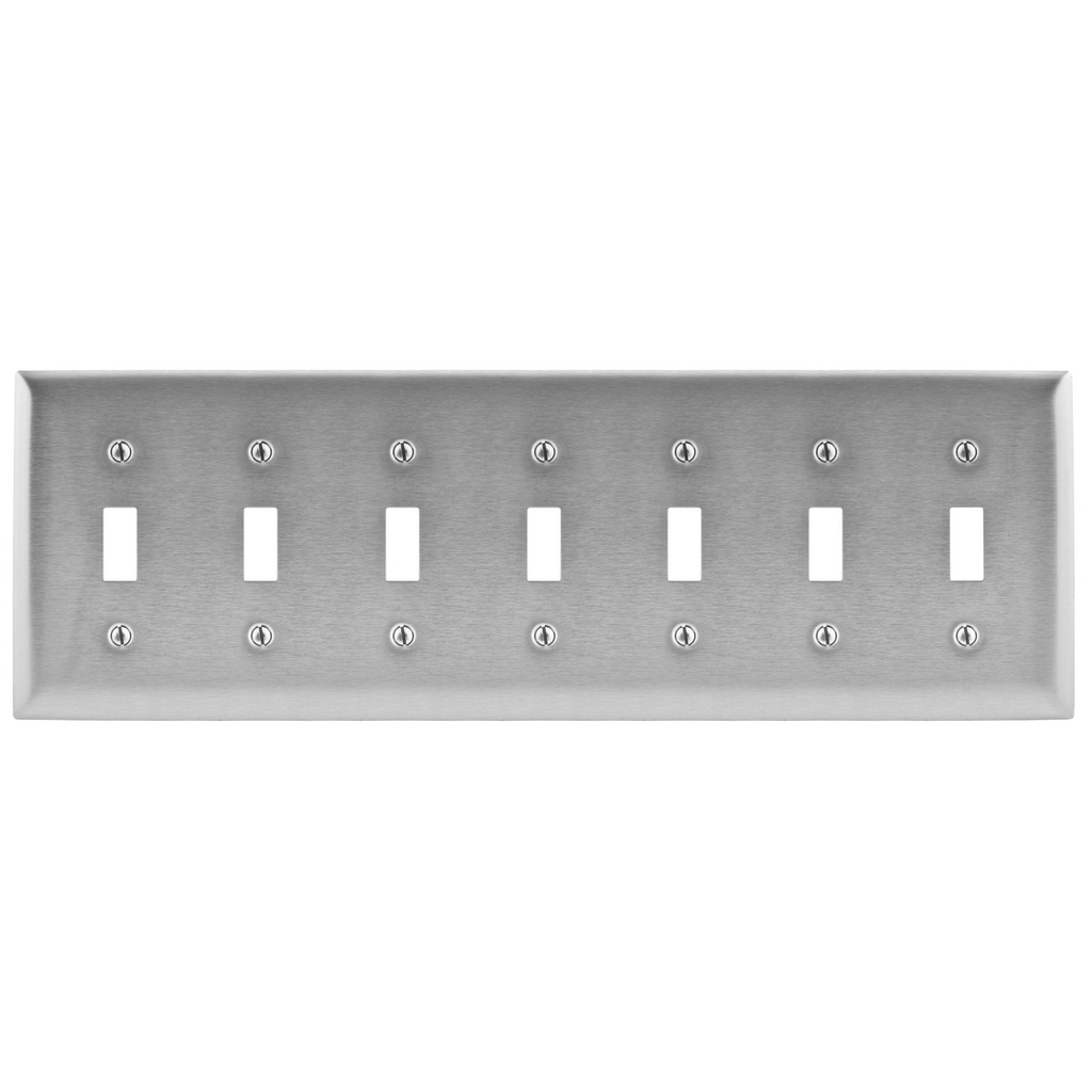 Product image for Hubbell SS607 7-Gang Stainless Steel 7-Toggle Switch Strap Mount Wallplate