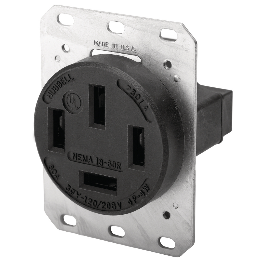 Product image for Hubbell HBL7301A 60 Amp 3-Phase 120/208 VAC 4-Pole 4-Wire NEMA 18-60R Black Straight Blade Receptacle