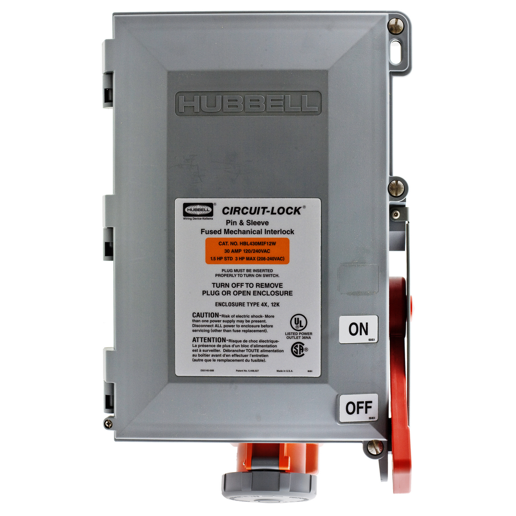 Product image for Hubbell HBL460MIF12W Pin & Sleeve IEC Fused Circuit-Lock® Mechanical Interlock, 50A 3P4W, 120/240V, IP66, NEMA 4X, 12