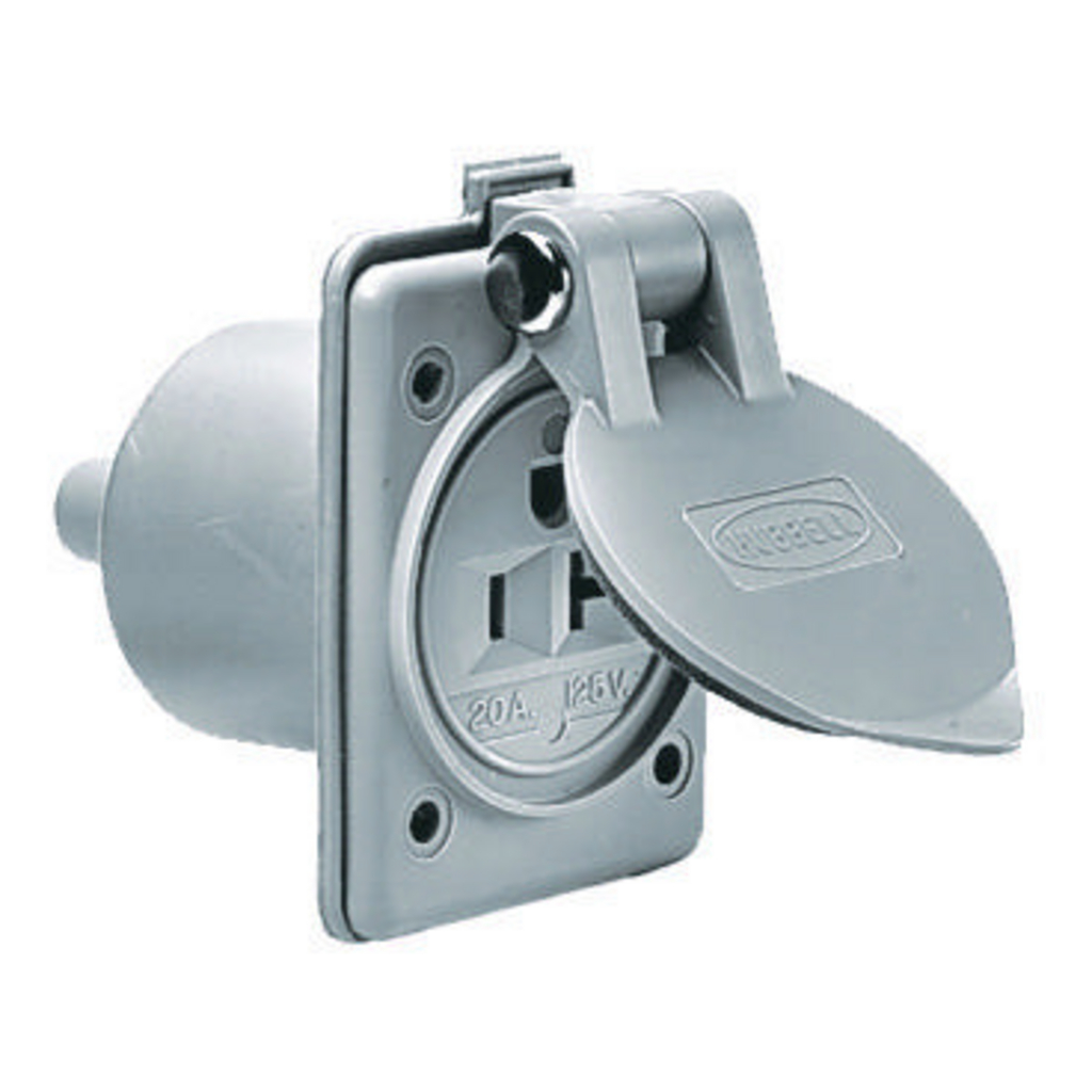 Product image for Hubbell HBL61CM65 20A 125V INSULGRIP Gray Nylon Flanged Receptacle, w/ Lift Cover & Boot