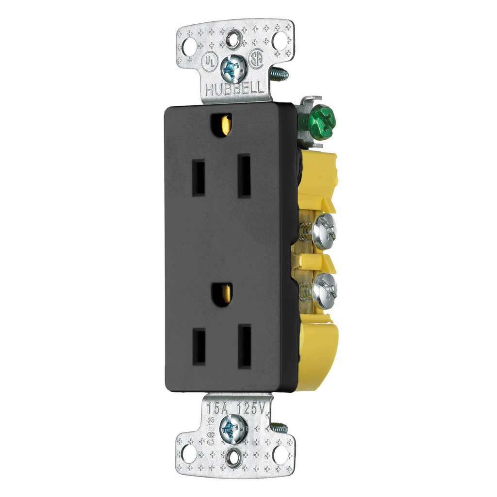 Product image for Hubbell RRD15BK RESI DUP Receptacle, 15A 125V, DEC FACE, BK