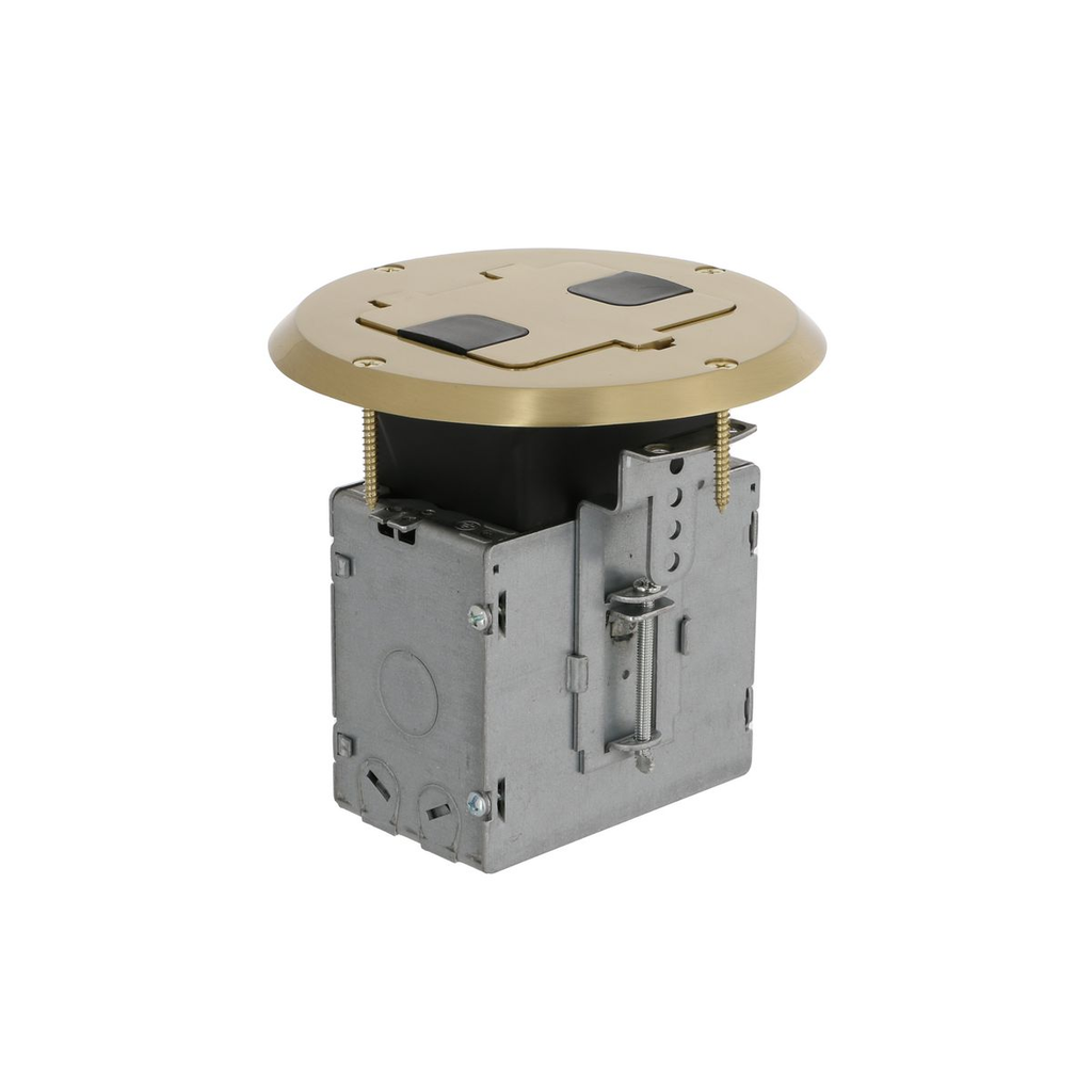 Product image for Raco 6239BP Single Gang Floor Box Kit with Recessed Duplex 15A TR Device and Adjustable Steel Box, Brass Finish
