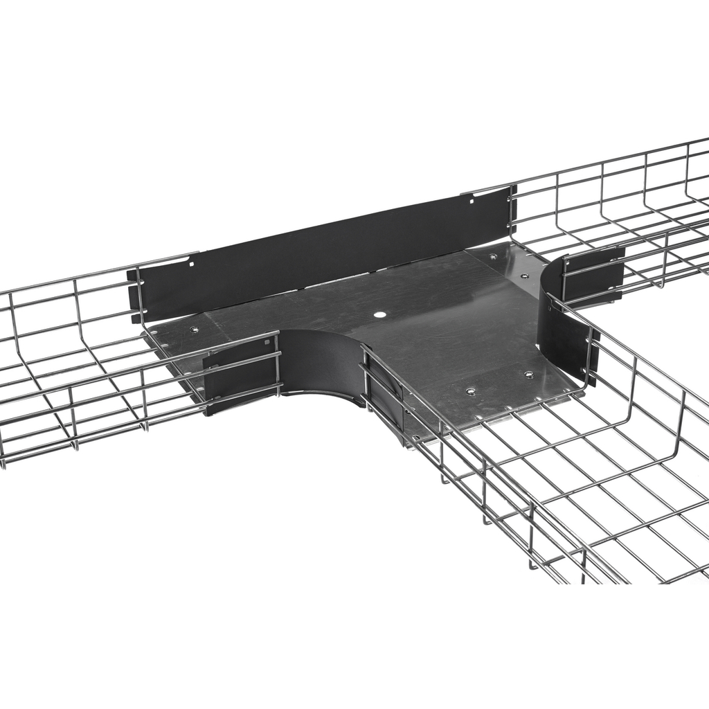 Product image for Hubbell HBTT0208 Wire Basket Cable Tray, Preformed Tee Fitting, 2" Tray Height, 8" Width, Polymer Side Walls