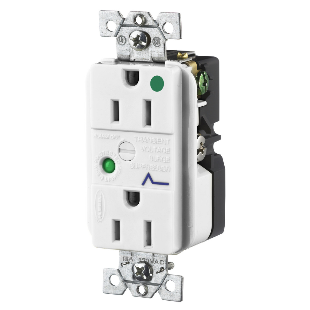 Product image for Hubbell HBL8262WSADUP SPD Receptacle, HG, 15A 125V, 5-15R, WH