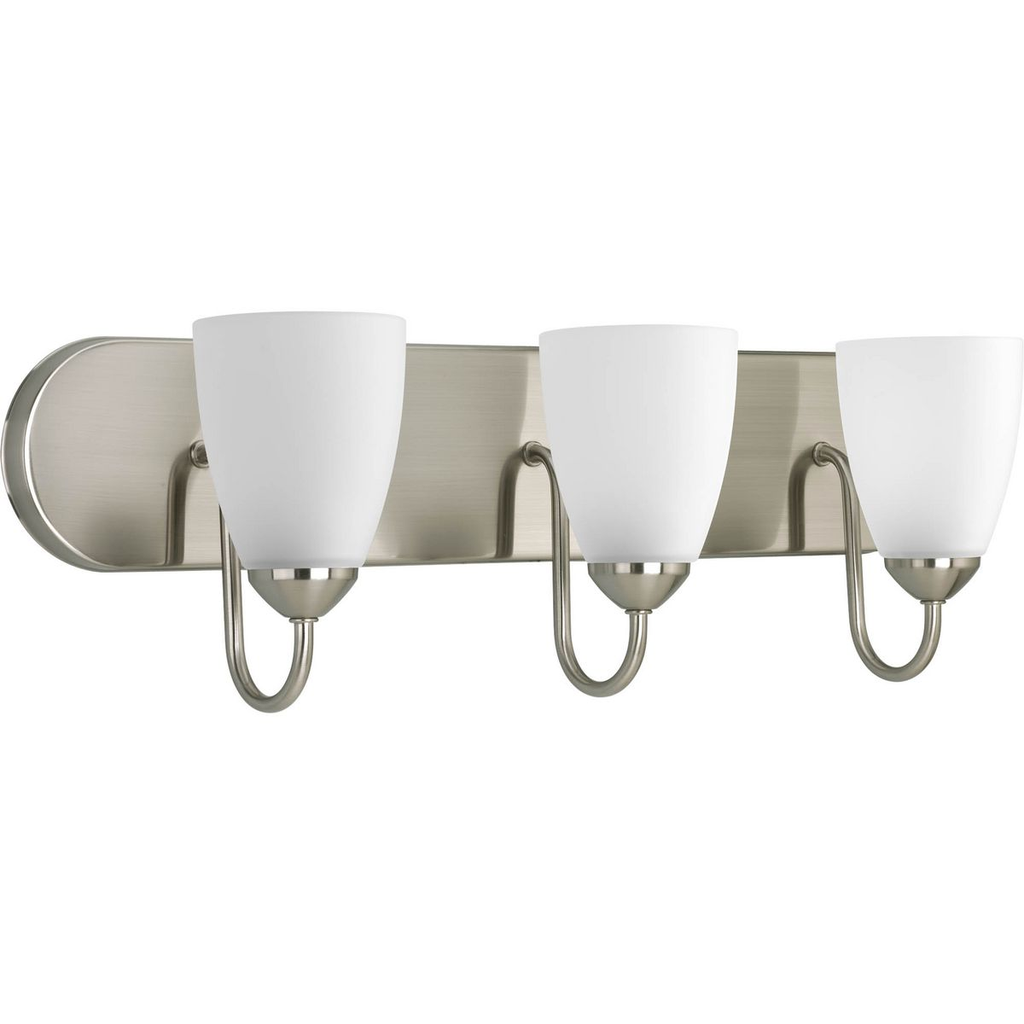 Product image for Progress P2708-09 Gather Collection Three-Light Brushed Nickel Etched Glass Traditional Bath Vanity Light