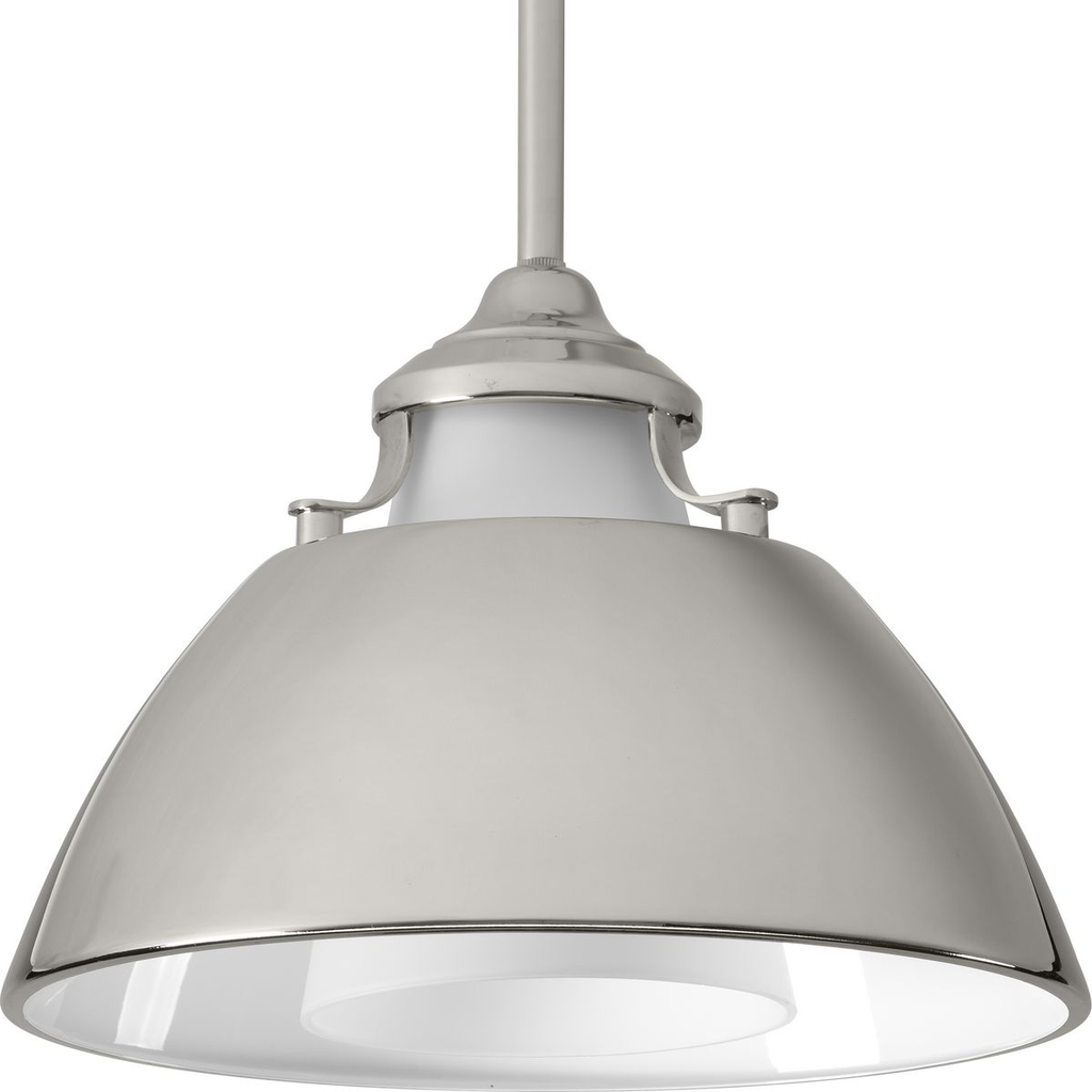 Product image for Progress P500013-104 Carbon Collection One-Light Polished Nickel Etched White Glass Mid-Century Modern Pendant Light
