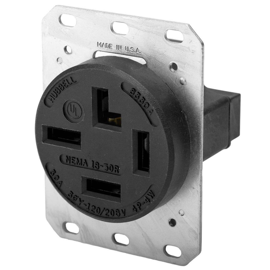 Product image for Hubbell HBL8330A 30 Amp 120/208 VAC 4-Pole 4-Wire NEMA 18-30R Black Single Straight Blade Receptacle