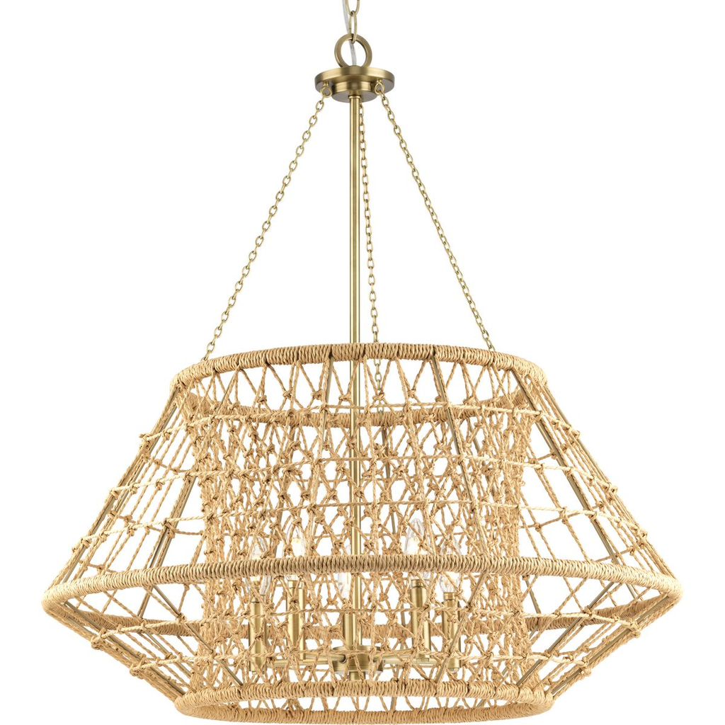 Product image for Progress P400324-163 Laila Collection Five-Light Vintage Brass Coastal Chandelier with Woven Jute Accents