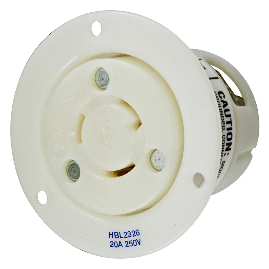 Product image for Hubbell HBL2326 20 Amp 250 Volt 2-Pole 3-Wire NEMA L6-20R White Locking Flanged Receptacle