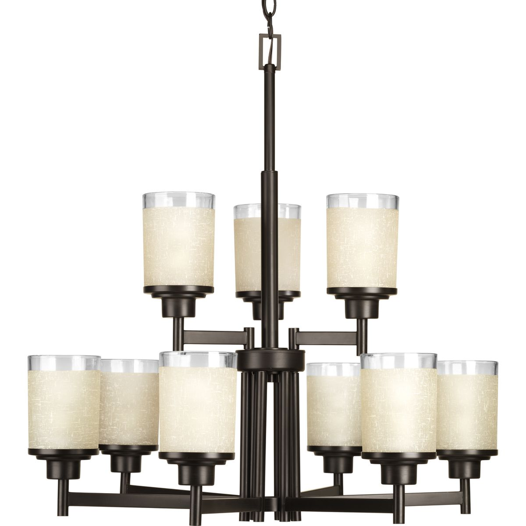 Product image for Progress P4626-20 Alexa Collection Nine-Light Antique Bronze Etched Umber Linen With Clear Edge Glass Modern Chandelier Light