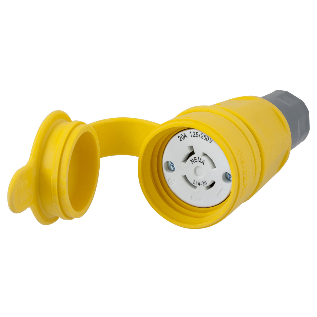 Product image for Hubbell HBL27W74 20 Amp 125/250 VAC 3-Pole 4-Wire NEMA L14-20R Yellow Locking Connector
