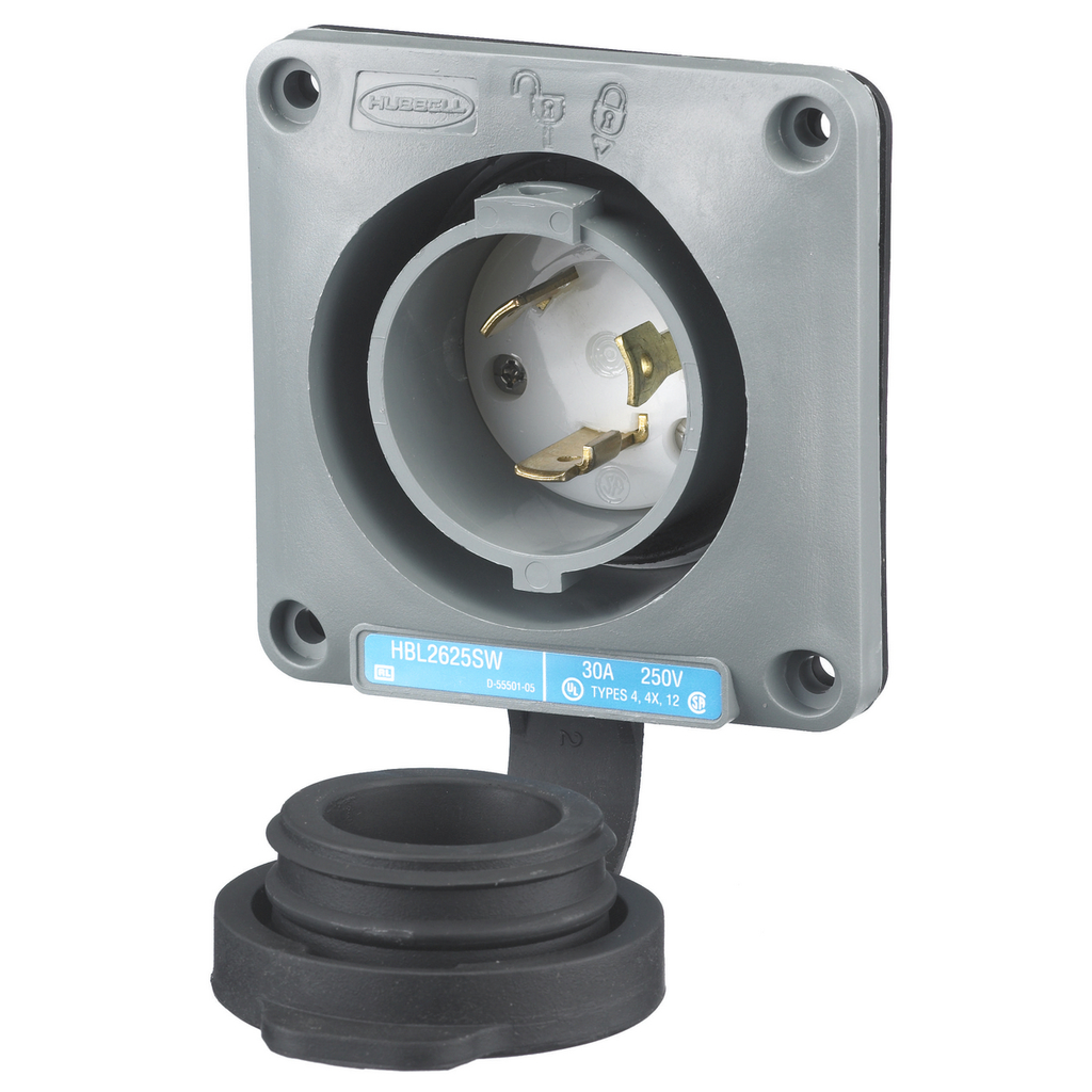 Product image for Hubbell HBL2625SW 30 Amp 250 Volt 2-Pole 3-Wire NEMA L6-30P Gray Watertight Locking Flanged Inlet