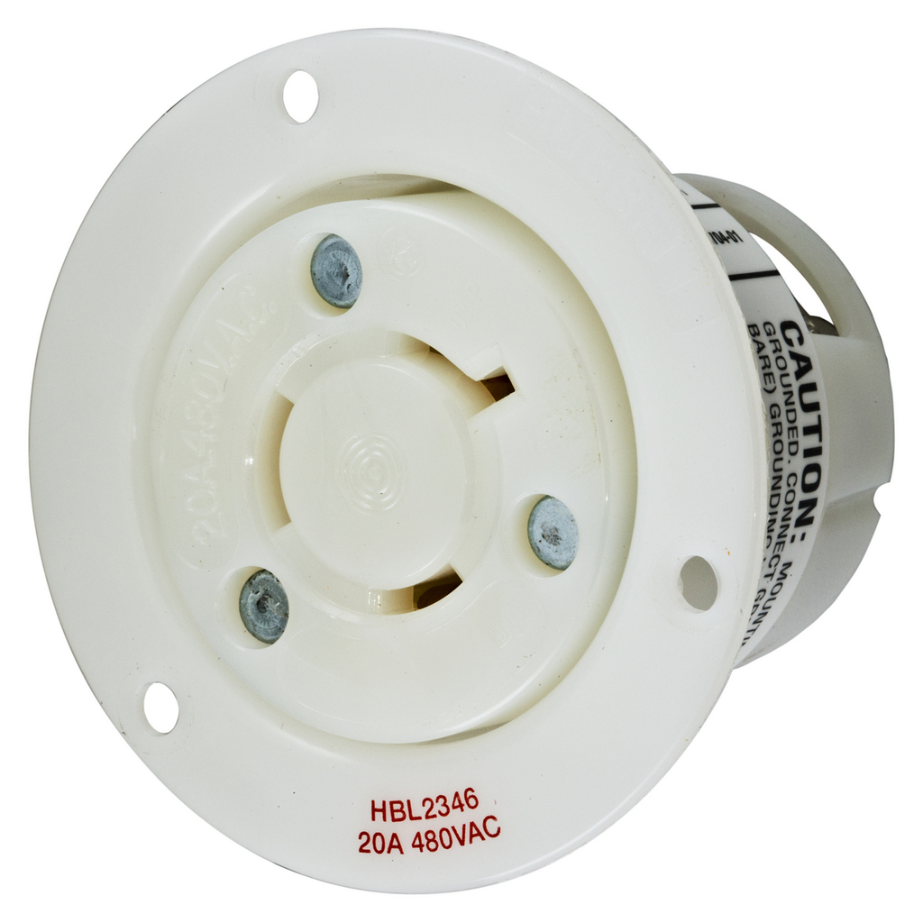 Product image for Hubbell HBL2346 20 Amp 480 Volt 2-Pole 3-Wire NEMA L8-20R White Locking Flanged Receptacle