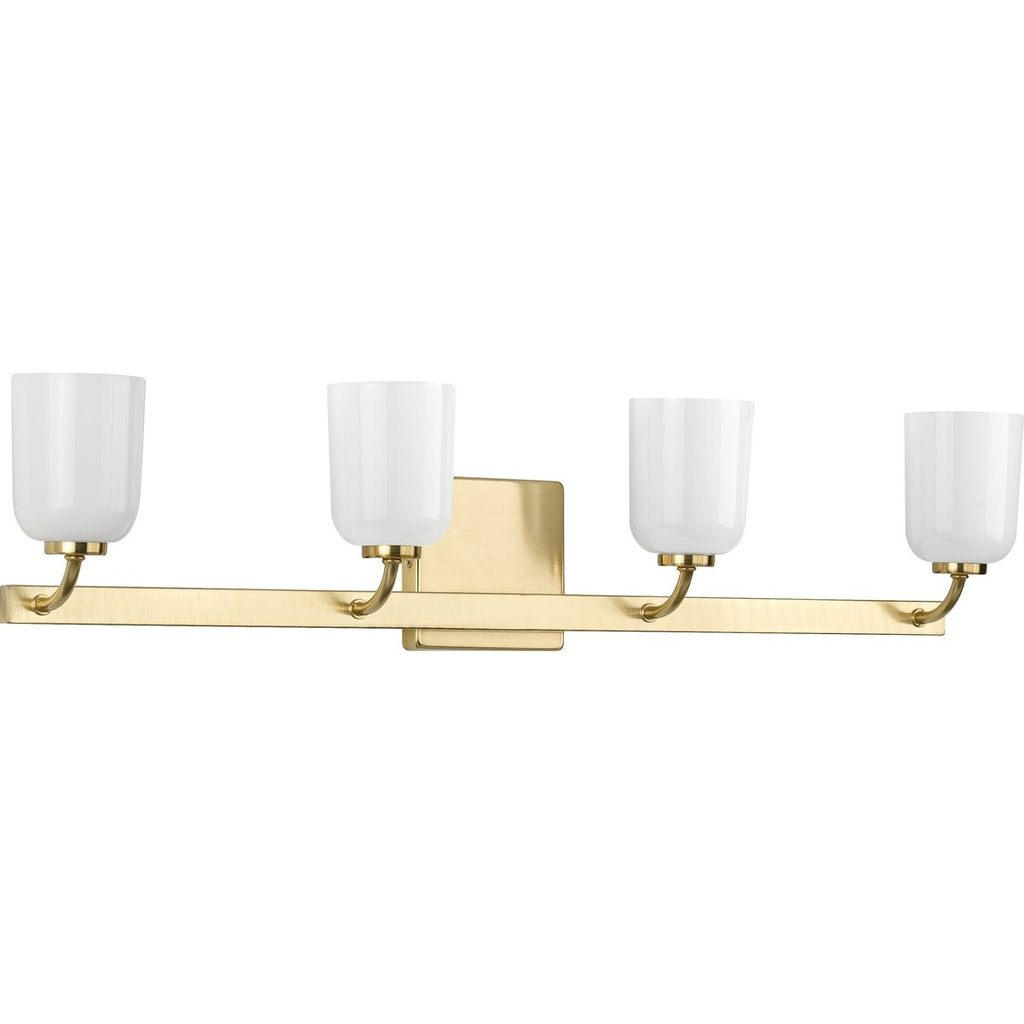 Product image for Progress P300283-012 Moore Collection Four-Light Satin Brass White Opal Glass Luxe Bath Vanity Light