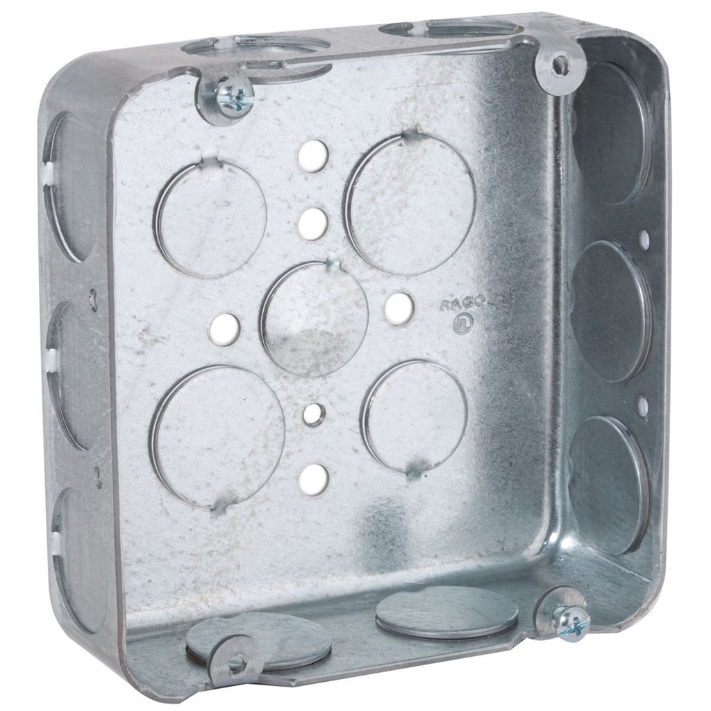 Product image for Raco 246 4-11/16" Square Box, Drawn, 1-1/2" Deep, Three 1/2" and Twelve 3/4" KO's