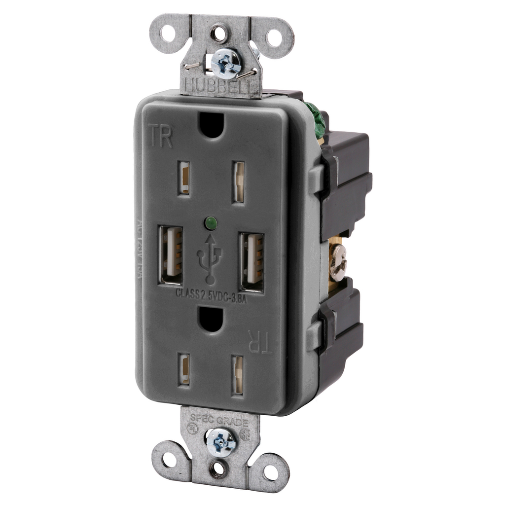 Product image for Hubbell USB15X2-GY USB Charger / Tamper-Resistant Receptacle, Two USB Type 2.0 Ports 3 Amp, 5VDC, 15 Amp, 125VAC Decorator Duplex - Gray
