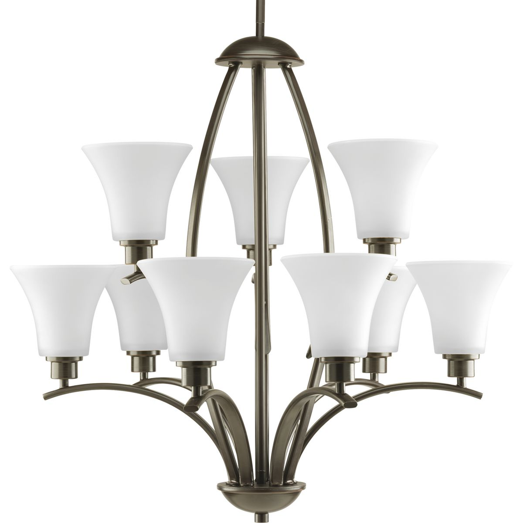 Product image for Progress P4492-20W Joy Collection Nine-Light Antique Bronze Etched White Glass Traditional Chandelier Light