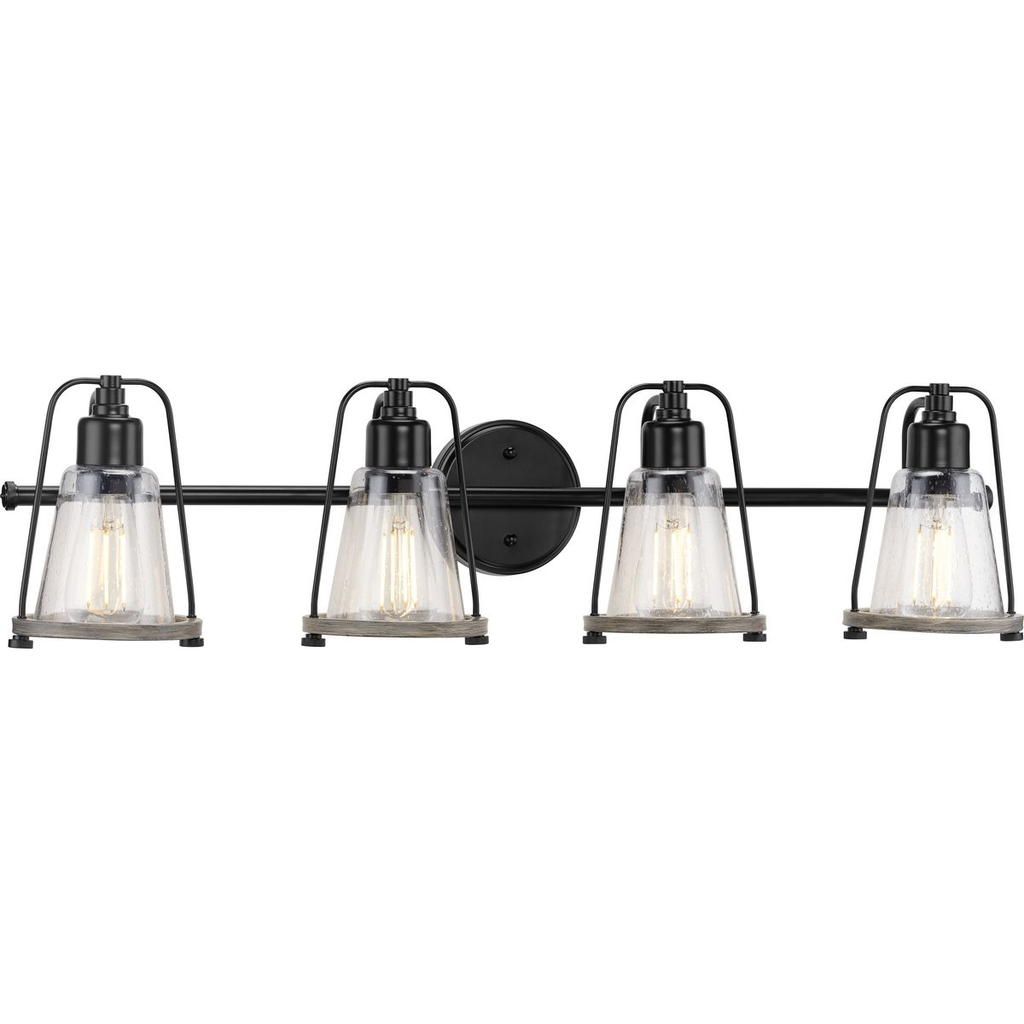 Product image for Progress P300298-031 Conway Collection Four-Light Matte Black and Clear Seeded Farmhouse Style Bath Vanity Wall Light