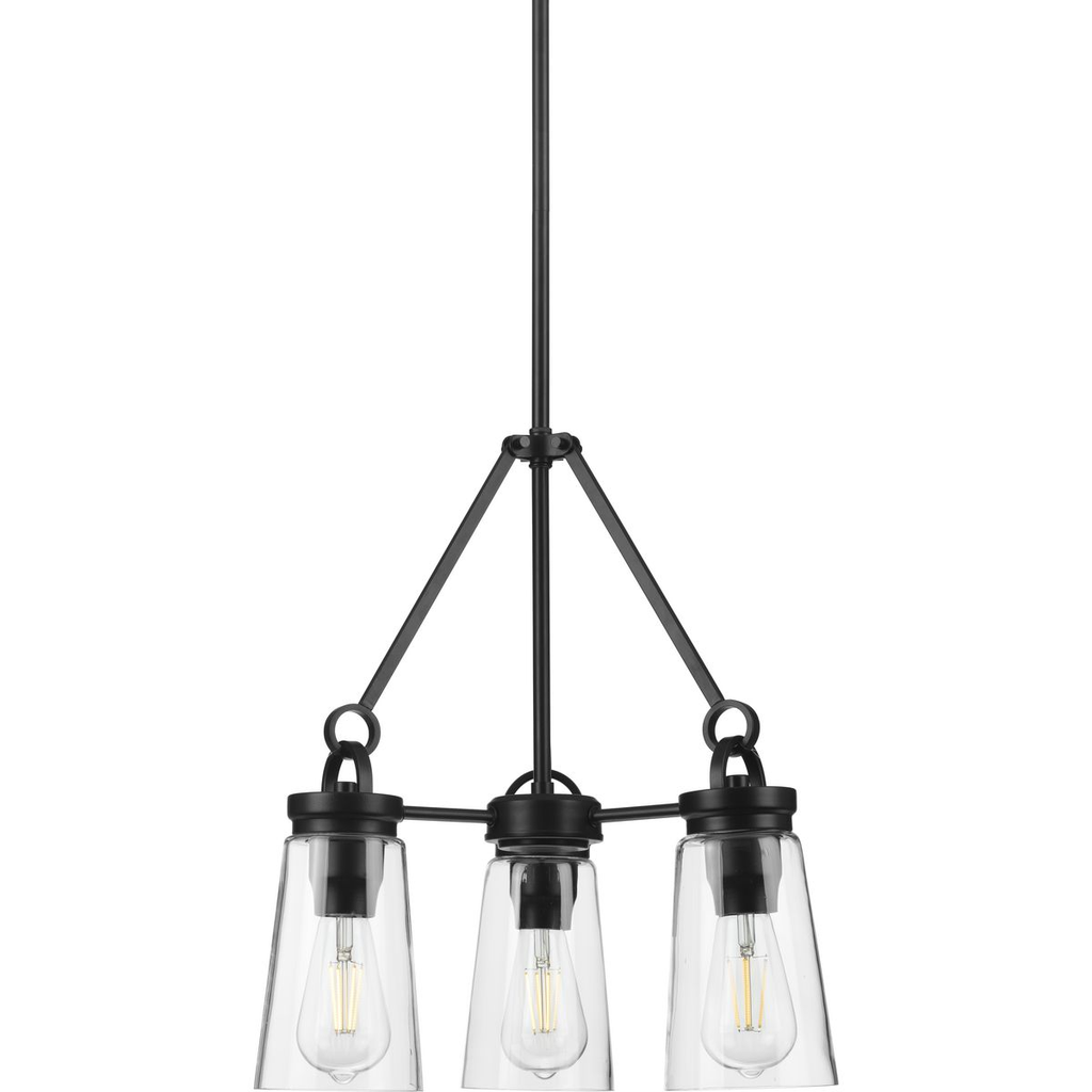 Product image for Progress P400235-031 Stockbrace Collection Three-Light Matte Black and Clear Glass Farmhouse Style Chandelier Light