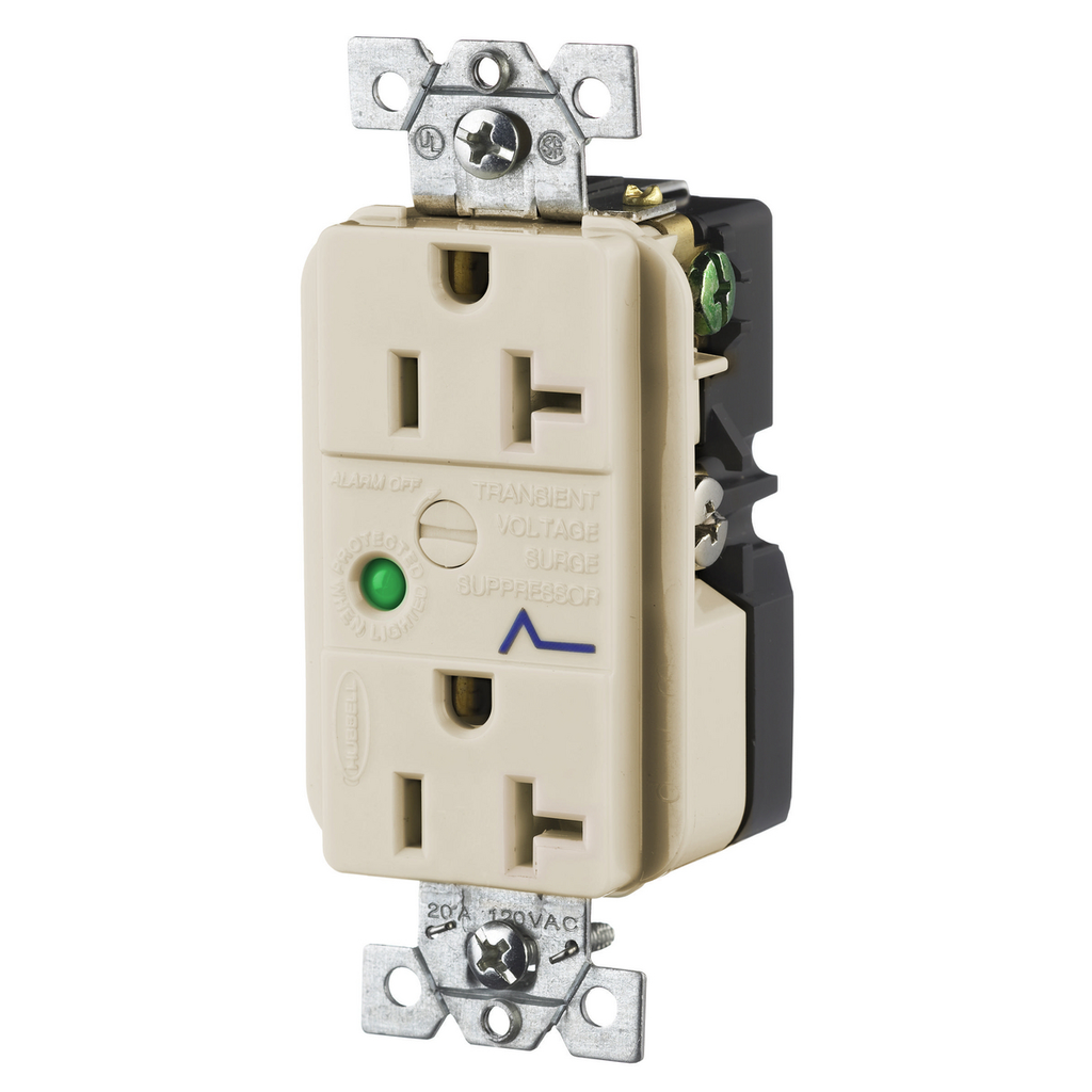 Product image for Hubbell HBL5362ALSA 20 Amp 125 Volt 2-Pole 3-Wire NEMA 5-20R Almond Duplex Surge Suppression Receptacle