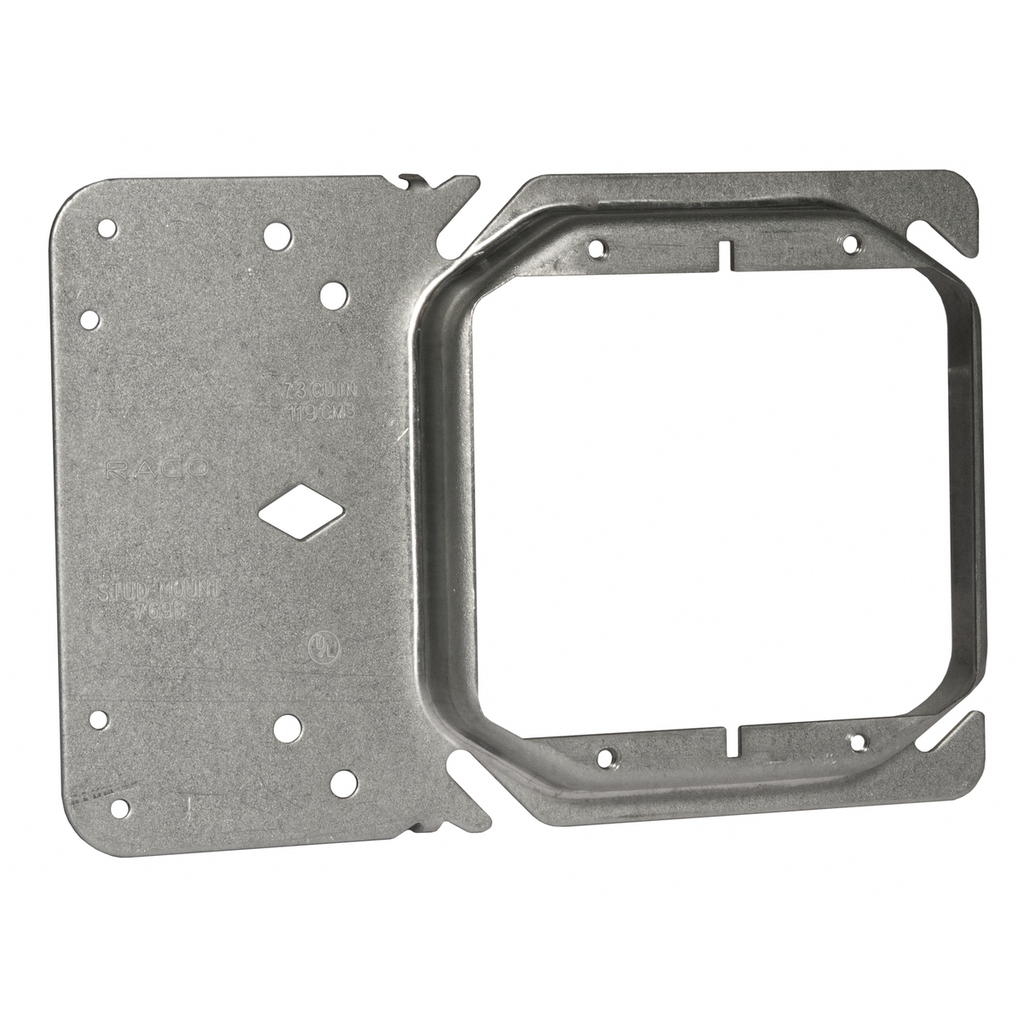 Product image for RACO 769B 4 Inch 5/8 Inch Raised Steel 2-Device Square Box Stud Mount Mud Ring