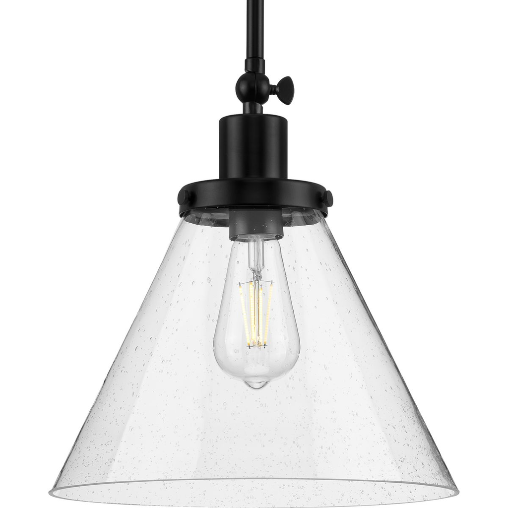 Product image for Progress P500324-031 Hinton Collection One-Light Matte Black and Seeded Glass Vintage Style Hanging Pendant Light