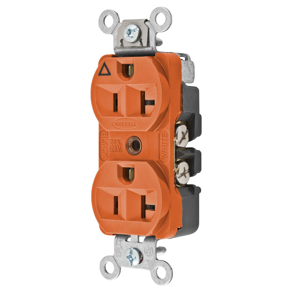 Mayer-DDS-Straight Blade Devices, Receptacles, Duplex, Hubbell-Pro Heavy Duty, 2-Pole 3-Wire Grounding, 20A 125V, 5-20R, Orange, Single Pack, Isolated Ground.-1