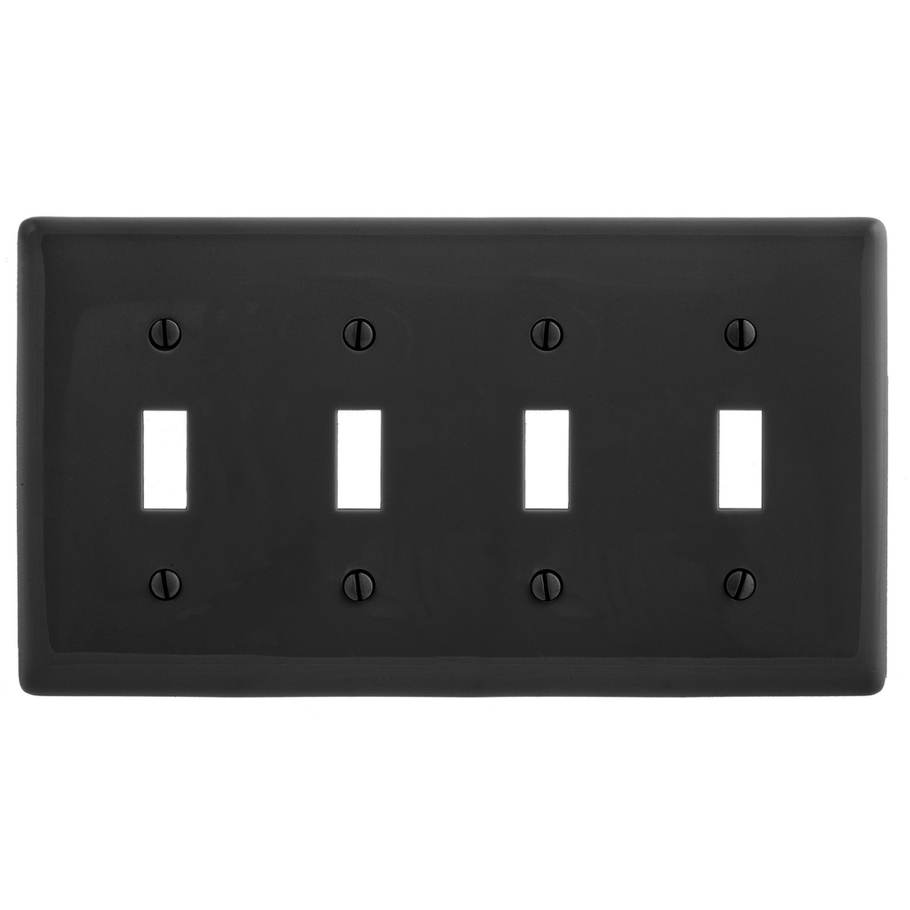 Product image for Hubbell Wiring Devices NPJ4BK 4-Gang Black Nylon Medium 4-Toggle Switch Box Mount Wallplate