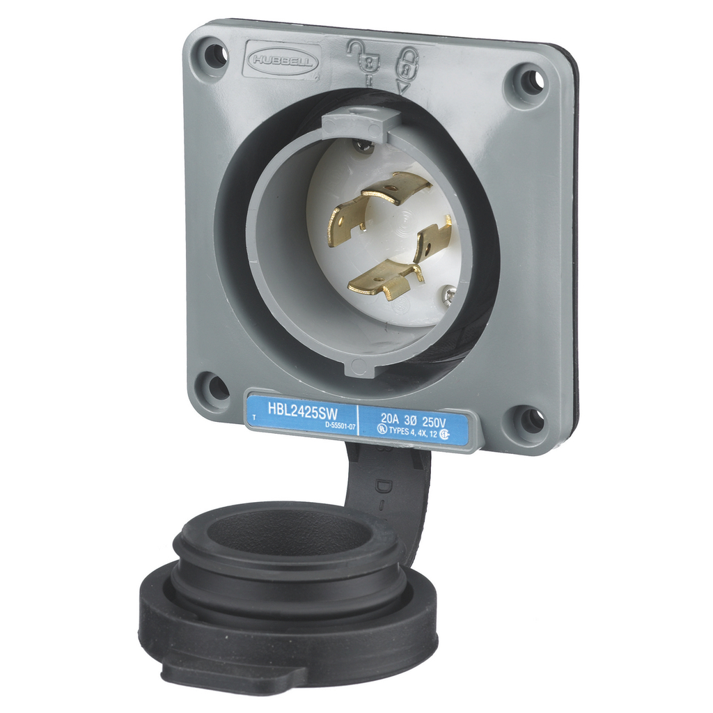 Product image for Hubbell HBL2425SW 20 Amp 250 Volt 3-Pole 4-Wire NEMA L15-20P Gray Watertight Locking Flanged Inlet