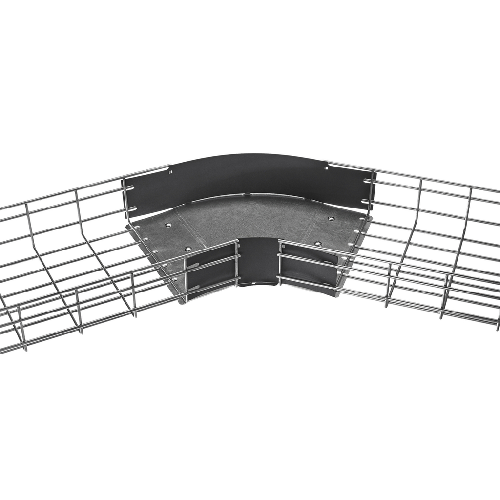 Product image for Hubbell HBT450408 Wire Basket Cable Tray, Preformed 45deg Elbow Fitting, 4" Tray Height, 8" Width, Polymer Side Walls