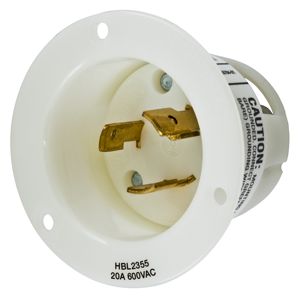 Product image for Hubbell HBL2355 20 Amp 600 Volt 2-Pole 3-Wire NEMA L9-20P White Locking Flanged Inlet
