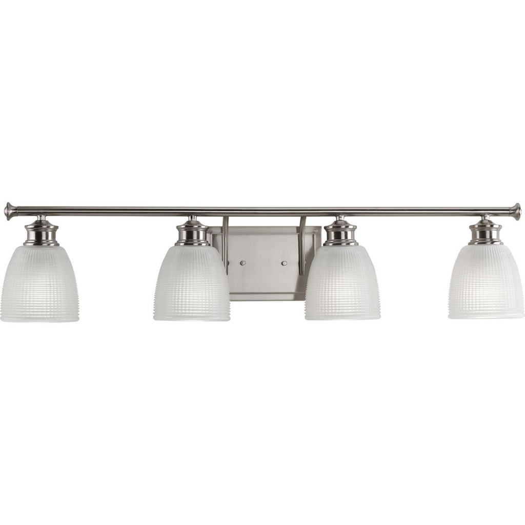 Product image for Progress P2118-09 Lucky Collection Four-Light Brushed Nickel White Prismatic Glass Coastal Bath Vanity Light