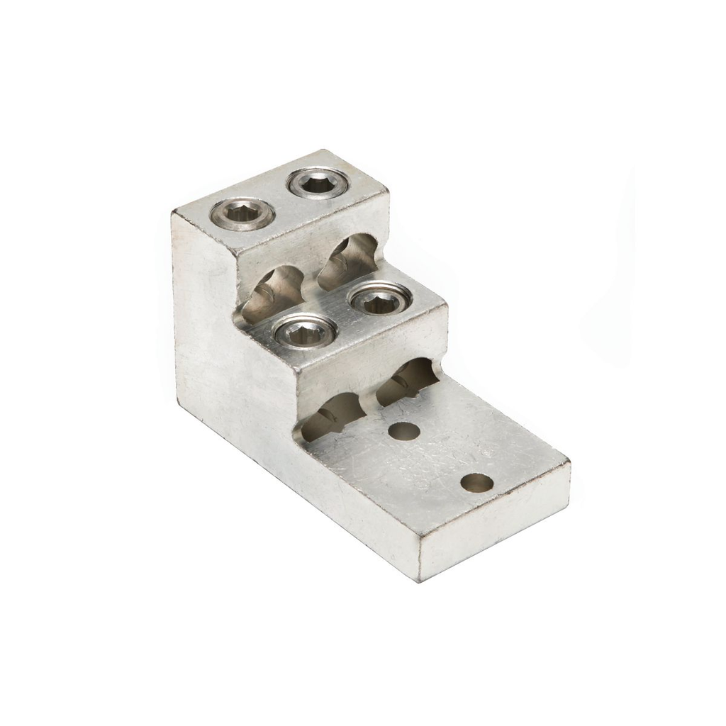 Product image for Burndy K22A36U2 Aluminum Universal Terminal, 2 Hole, Four: 2 AWG (Str)-600 kcmil, 3/8" Stud, 138" Stud Hole Spacing, 4 Screws, Al/Cu Rated, Tin Plated