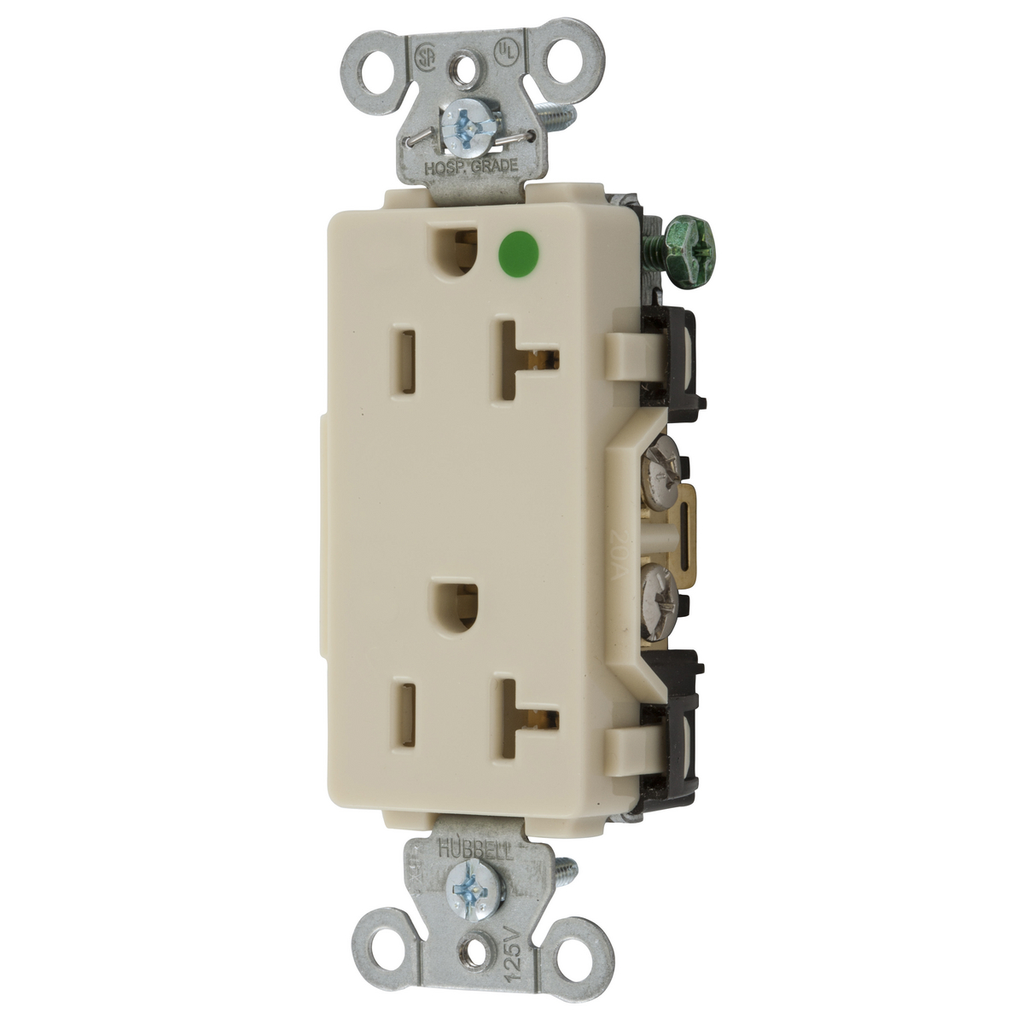 Product image for Hubbell 2182IV Straight Blade Device, Decorator Duplex Receptacle, Hospital Grade, Hubbell-Pro, 20A 125V, 2-Pole 3-Wire Grounding, 5-20R, Ivory