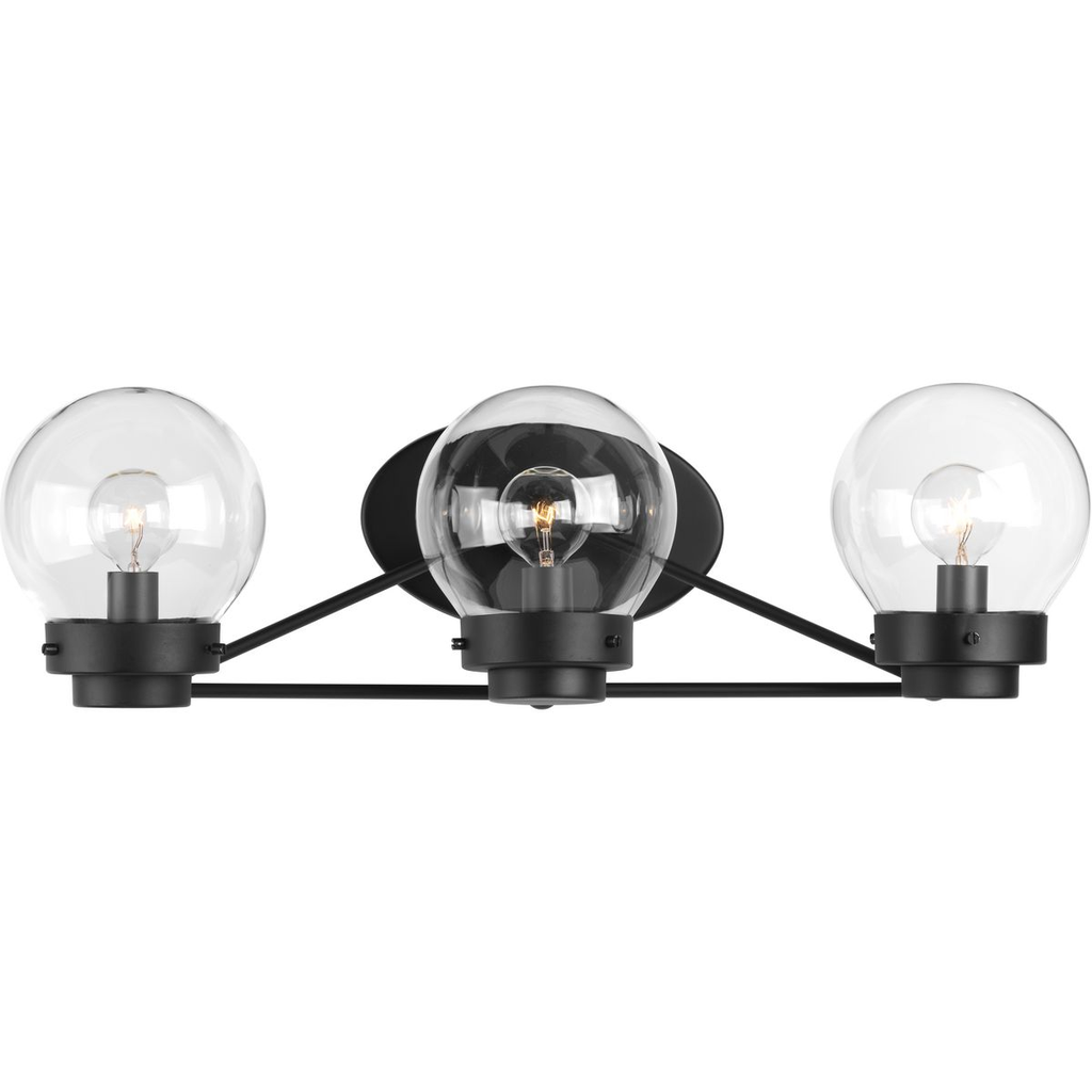 Product image for Progress P300114-031 Spatial Collection Three-Light Matte Black Clear Glass Global Bath Vanity Light