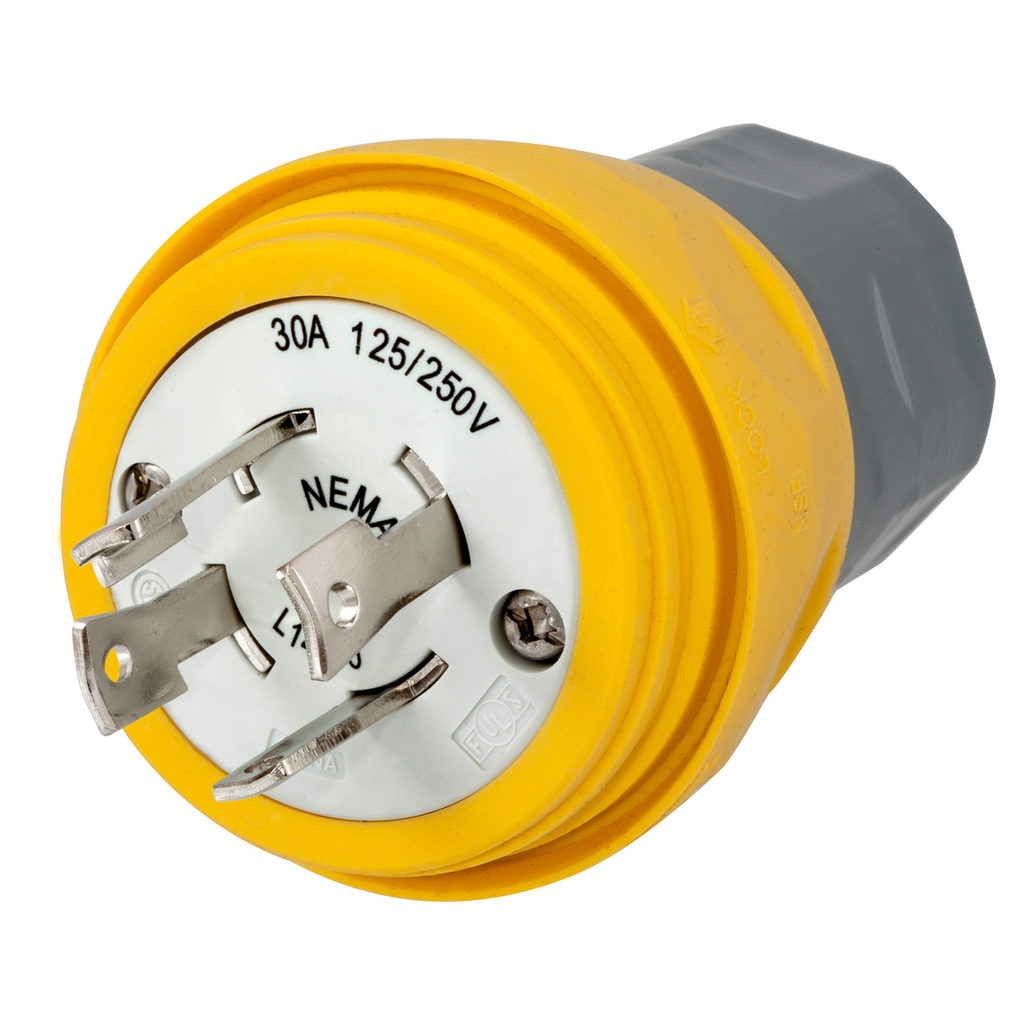 Product image for Hubbell HBL28W74 30 Amp 125/250 VAC 3-Pole 4-Wire NEMA L14-30P Yellow Locking Plug