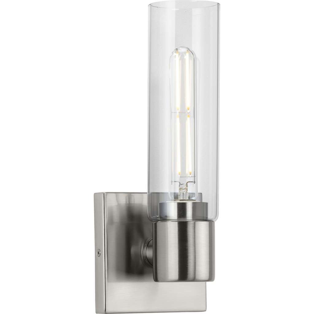 Product image for Progress P300299-009 Clarion Collection One-Light Brushed Nickel and Clear Glass Modern Style Bath Vanity Wall Light