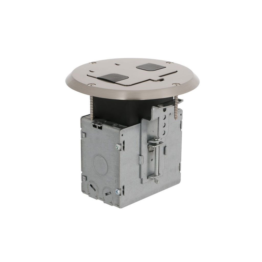 Product image for Raco 6239NI Single Gang Floor Box Kit with Recessed Duplex 15A TR Device and Adjustable Steel Box, Nickel Finish