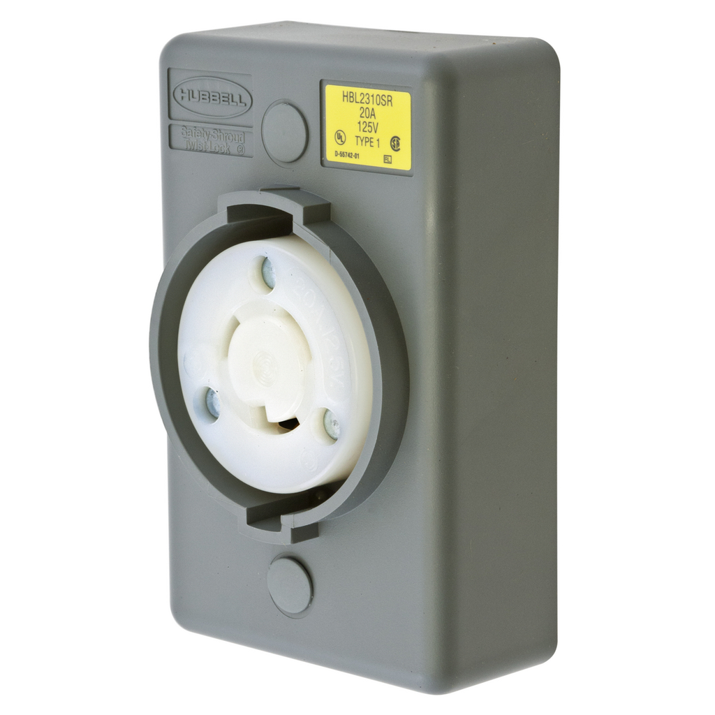 Product image for Hubbell HBL2310SR 20 Amp 125 Volt 2-Pole 3-Wire NEMA L5-20R Gray Surface Mount Locking Receptacle