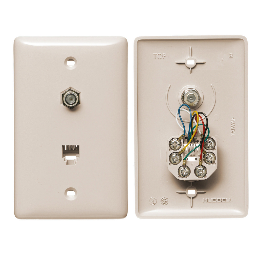 Product image for Hubbell Wiring Devices NS755LA Light Almond Mid-Size Wall Plate with 6-Position 6-Conductor F-Connector