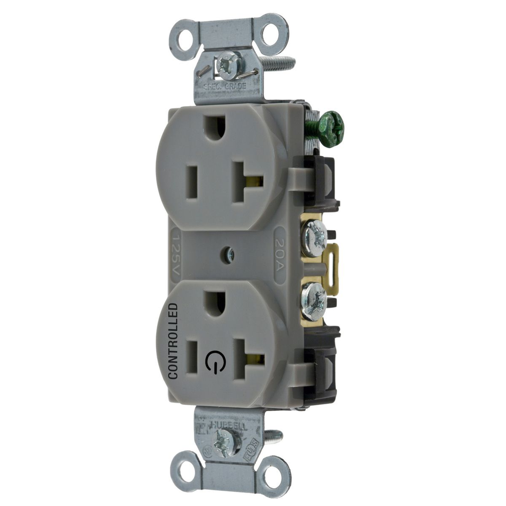 Mayer-DDS-Straight Blade Devices, Receptacles, Duplex, 1/2 Load Controlled, 20A 125V, 2-Pole 3-Wire Grounding, 5-20R, Back and Side Wired, Gray-1