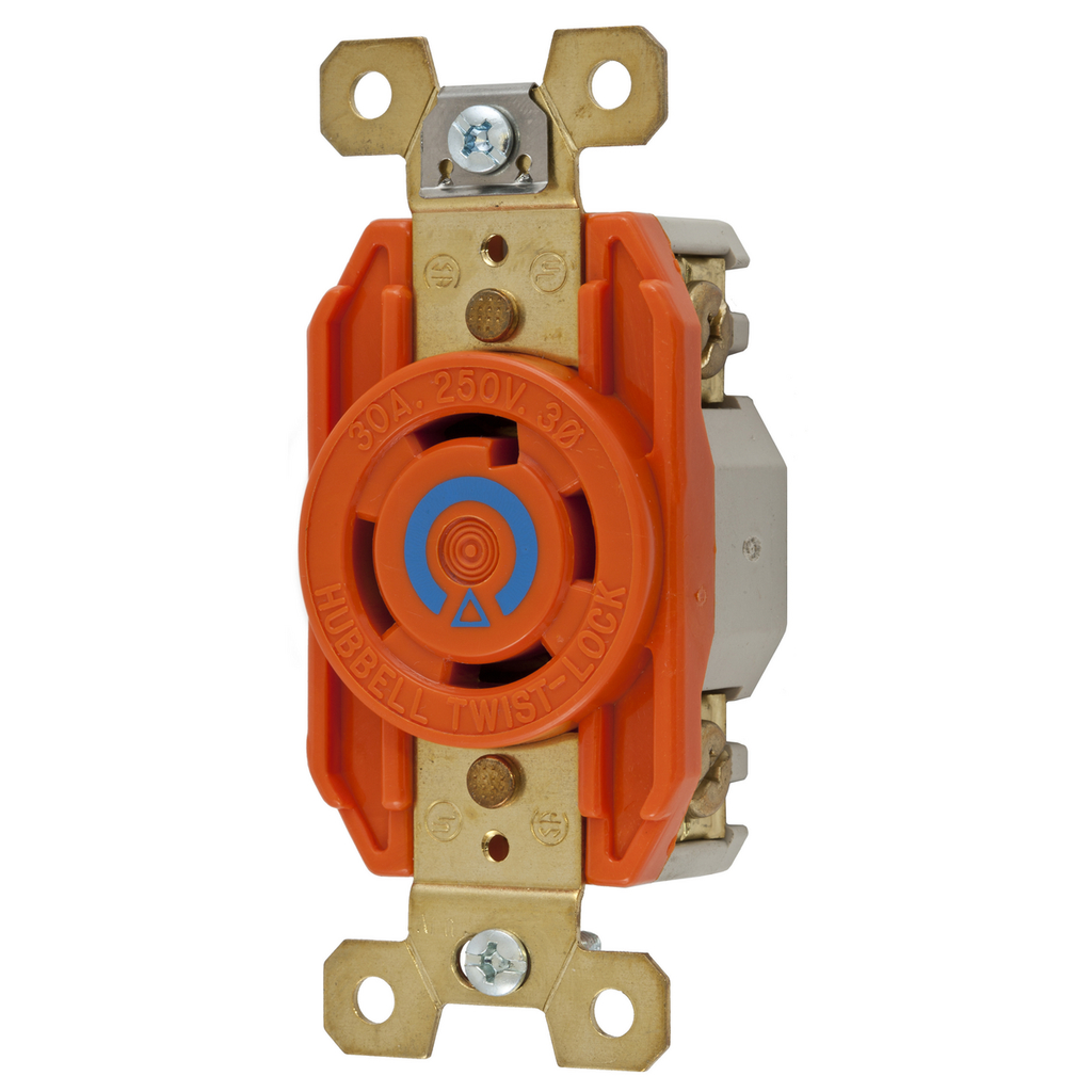 Product image for Hubbell IG2720 30 Amp 250 Volt 3-Pole 4-Wire NEMA L15-30R Orange Isolated Ground Locking Single Receptacle