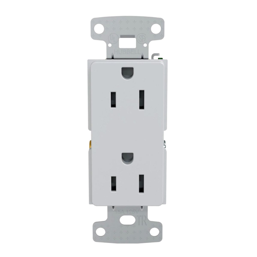 Mayer-DDS-TradeSelect, Straight Blade Devices, Residential Grade, Receptacles, Tamper Resistant Decorator Duplex, Self Grounding, 15A 125V, 2-Pole 3-Wire Grounding, 5-15R, White-1
