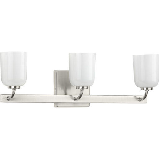 Product image for Progress P300282-009 Moore Collection Three-Light Brushed Nickel White Opal Glass Luxe Bath Vanity Light