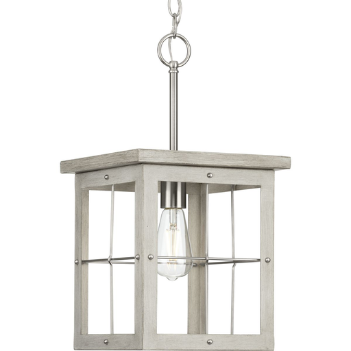Product image for Progress P500317-009 Hedgerow Collection One-Light Brushed Nickel and Grey Washed Oak Farmhouse Style Hanging Mini-Pendant Light