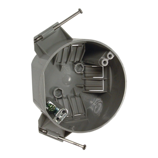 Product image for Raco 7823RAC 4" Round Nonmetallic Ceiling Cable Box, 2-3/8" Deep with Ground Plate
