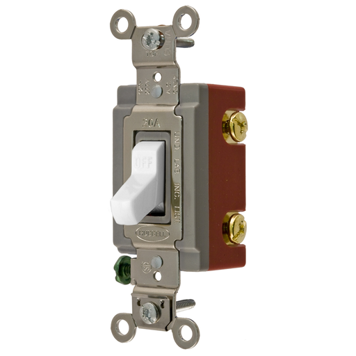 Mayer-DDS-Switches and Lighting Controls, Extra Heavy Duty Industrial Grade, Toggle Switches, General Purpose AC, Single Pole, 20A 120/277V AC, Back and Side Wired, White Toggle-1
