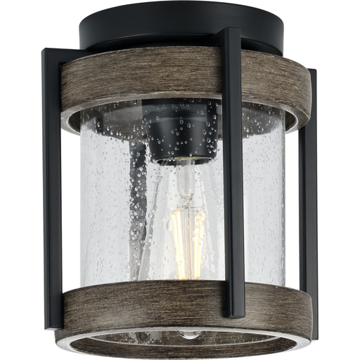 Product image for Progress P550109-31M Whitmire Collection One-Light Matte Black with Aged Oak Accents Clear Seeded Glass Farmhouse Outdoor Ceiling Mount Light
