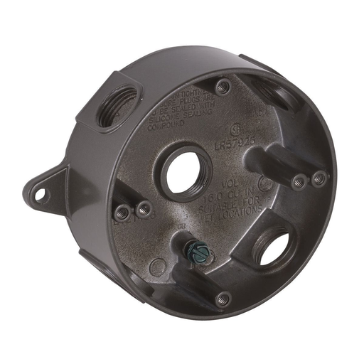 Product image for Bell 5361-7 Round Weatherproof Box, Five 1/2 in. Threaded Outlets, Bronze, Carded