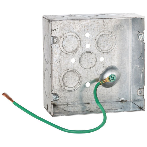Product image for Raco 258SM 4-11/16" Square Box, Welded, 2-1/8" Deep with (1) 1/2 in., (8) 1 in., and (3) TKO's, Raised, 10" #12 Stranded Copper Pigtail